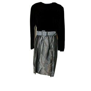 Vintage Lloyd Williams Size 10 Black Velvet & Silver Metallic Dress W/ Belt 20c